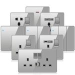 UK 13A Usb Ports Electrical Outlet Wall Led Light Switch,Gray Glass Universal Type-c 18W Smart Fast Charging Power Socket Plug