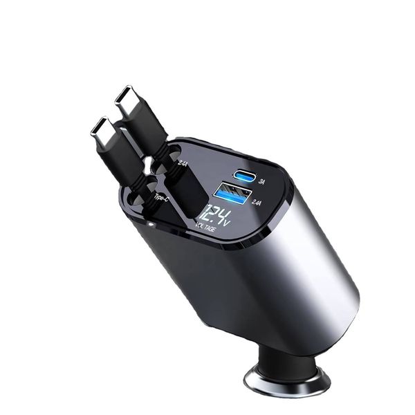 2 Retractable Cables 2 USB Ports 4 in 1 Fast Charing Car Phone Charger Adapter Retractable Car Charger 120W